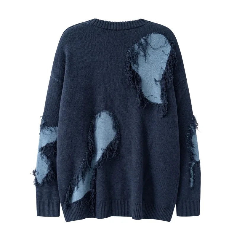 mens knitted sweater fashion tassel irregular block pullovers casual o neck unisex harajuku y2k streetwear loose knit jumpers - oversized streetwear hoodie, anime inspired graphic hoodie, Y2K grunge street style