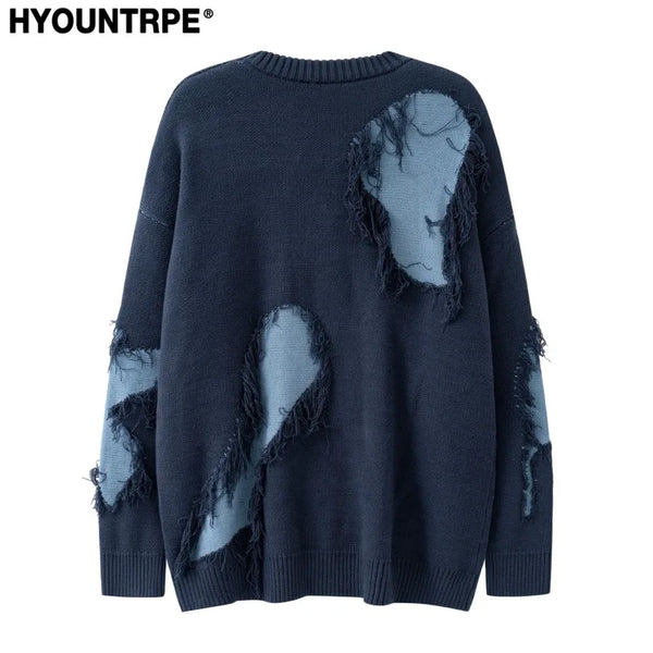 mens knitted sweater fashion tassel irregular block pullovers casual o neck unisex harajuku y2k streetwear loose knit jumpers - oversized streetwear hoodie, anime inspired graphic hoodie, Y2K grunge street style