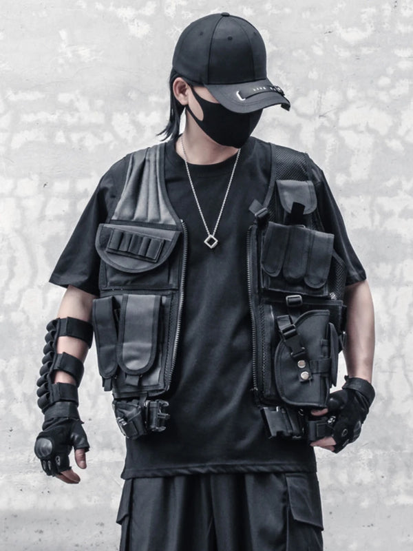 hip hop sleeveless vests mesh adjustment cargo waistcoat with pockets zipper military jacket streetwear tactical vest sweatsh - variant style f25834 for streetwear fashion