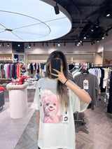anime vintage t-shirt featuring vintage summer pink rock bear cartoon distressed cotton casual t shirt tops