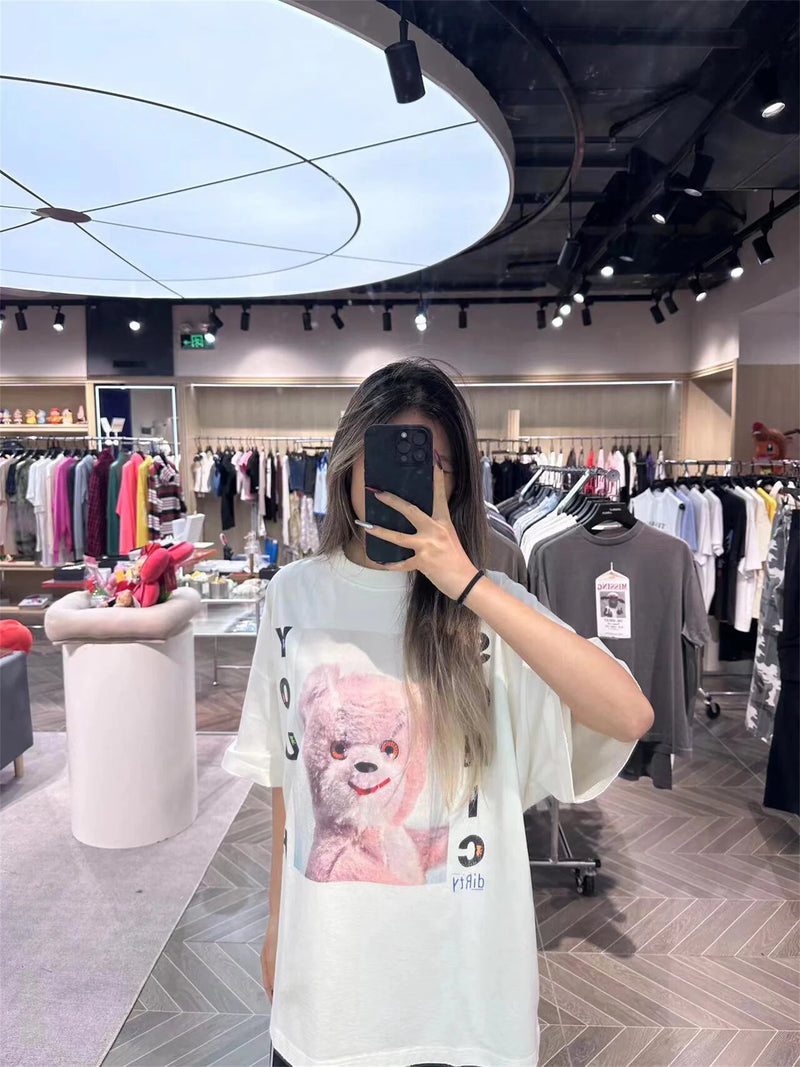anime vintage t-shirt featuring vintage summer pink rock bear cartoon distressed cotton casual t shirt tops