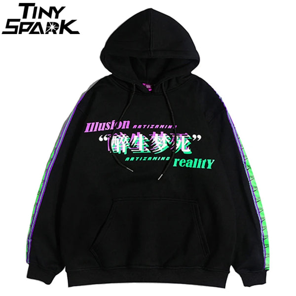 Men Hip Hop Hoodie Sweatshirt Drunk Illusion Chinese Character Hoodie Streetwear Casual Black Hooded Pullover Cotton Autumn 2023