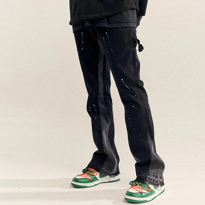 high street retro spotted ink contrast color flared jeans pants male wide leg plus size patchwork ripped denim trousers urban skinny jeans