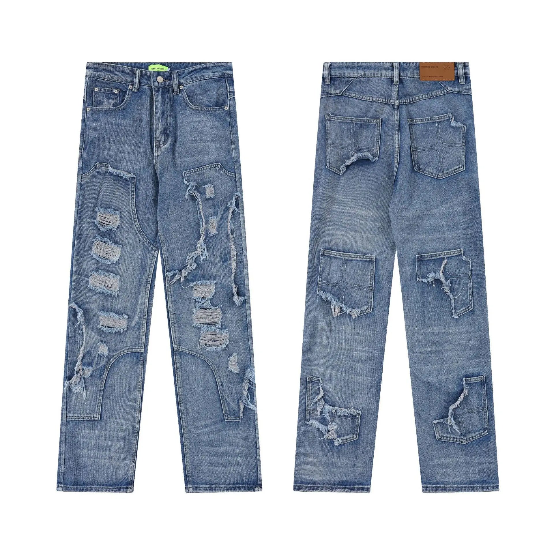 2024 ripped jeans high street straight trousers destroyed hole baggy denim pants vintage retro hip hop stacked flare jeans