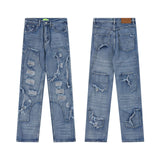 2024 ripped jeans high street straight trousers destroyed hole baggy denim pants vintage retro hip hop stacked flare jeans