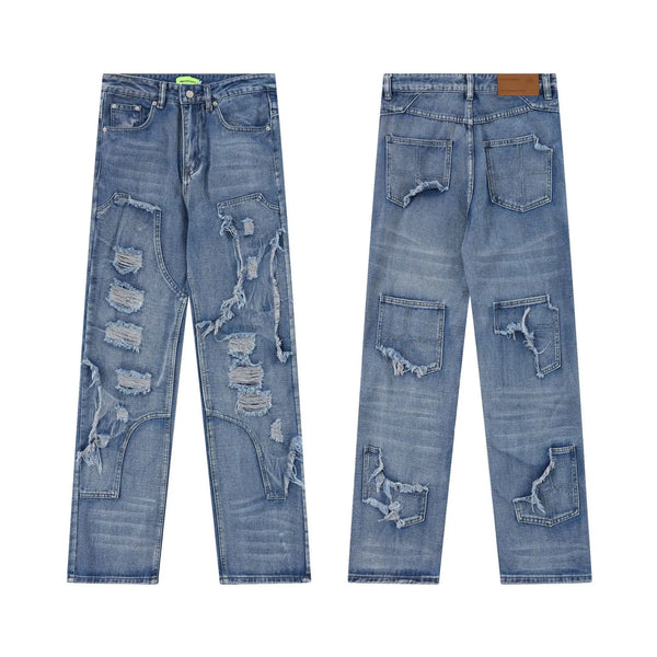 2024 ripped jeans high street straight trousers destroyed hole baggy denim pants vintage retro hip hop stacked flare jeans