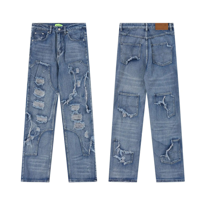 2024 ripped jeans high street straight trousers destroyed hole baggy denim pants vintage retro hip hop stacked flare jeans
