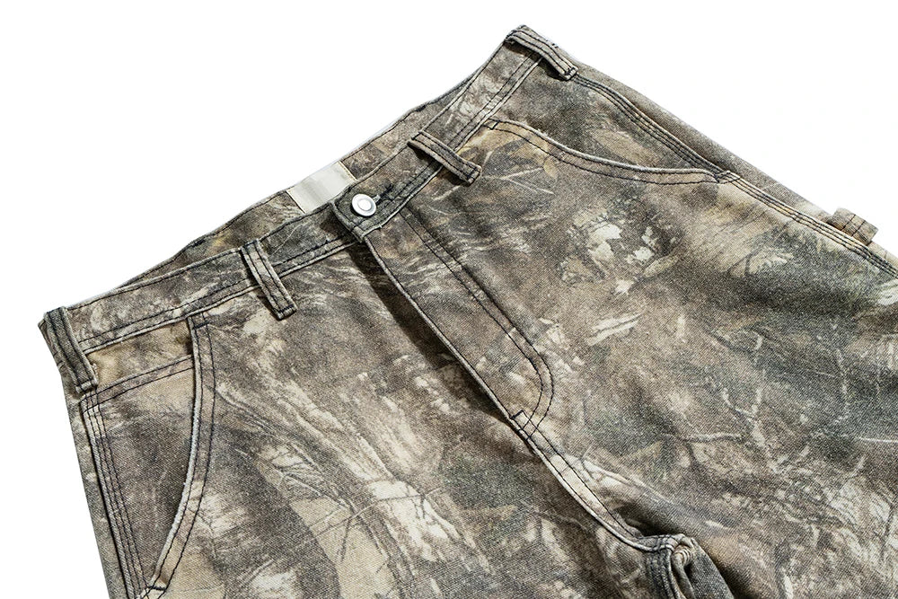 streetwear trees print camouflage baggy jeans for men and women patchwork washed casual denim trouses oversized loose cargos unique cargo style 985