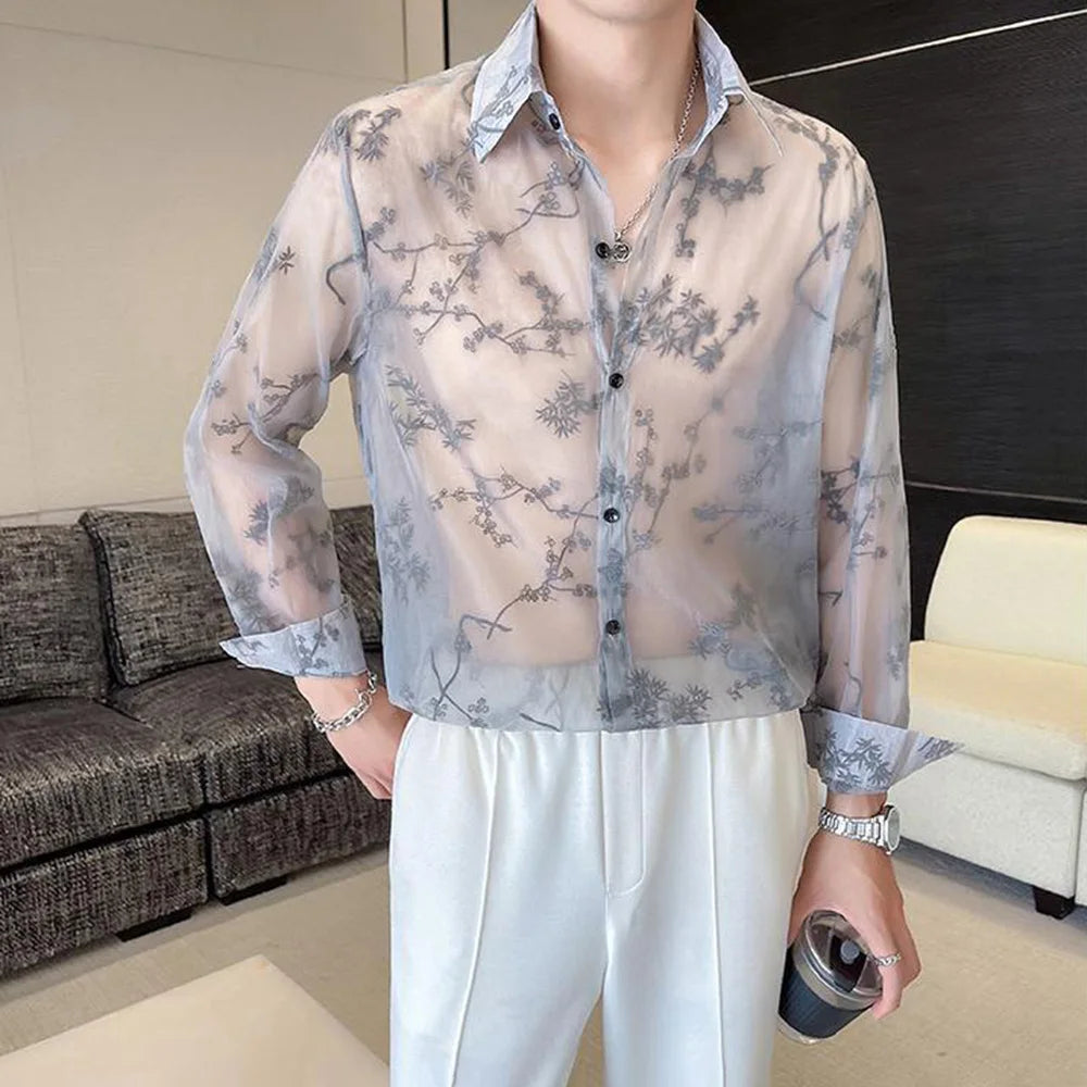 Mens Shirt Semi Transparent Exquisite Bamboo Plum Jacquard Embroidery Pattern Shirt Light Weight Sensual Long Sleeve Tops Summer