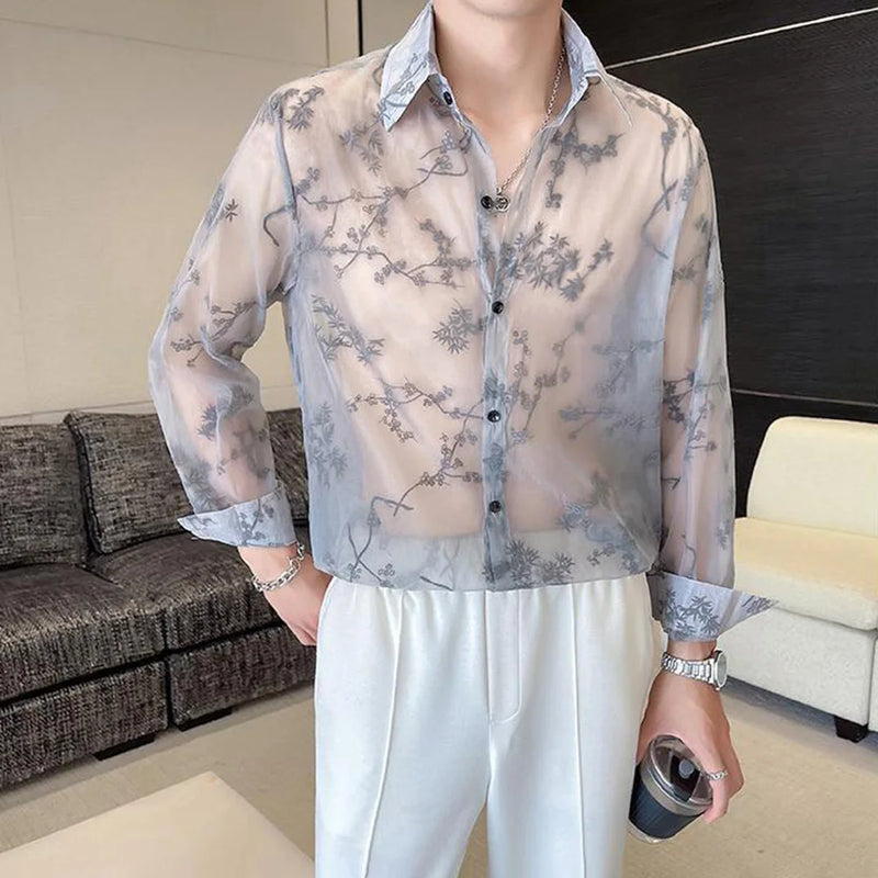 Mens Shirt Semi Transparent Exquisite Bamboo Plum Jacquard Embroidery Pattern Shirt Light Weight Sensual Long Sleeve Tops Summer