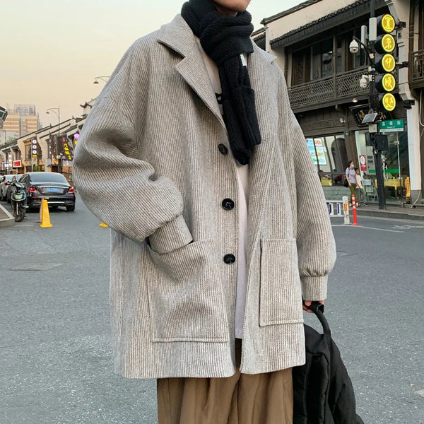 Men Trench Coat Men Mid-length 2023 New Autumn and Winter Corduroy Coat Coat Wool Design Korean Style Men Winter Coat