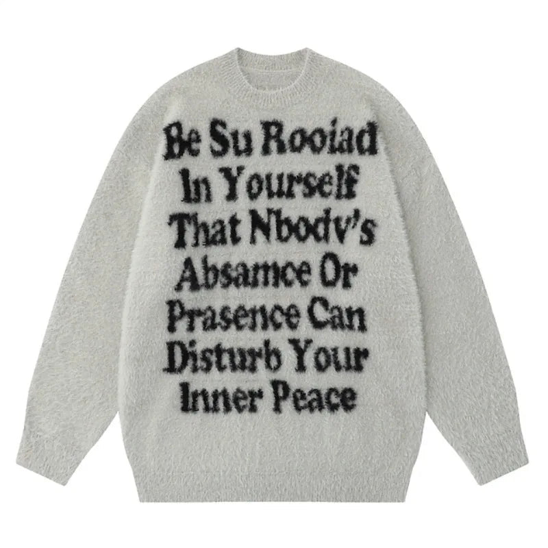 fashion knitted sweater mens winter o neck letters pullover streetwear unisex casual loose warm hairy sweaters jumper knitwear - Y2K grunge street style, high quality cotton hoodie, soft fleece-lined outerwear