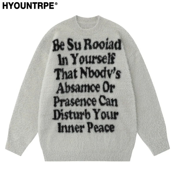 fashion knitted sweater mens winter o neck letters pullover streetwear unisex casual loose warm hairy sweaters jumper knitwear - Y2K grunge street style, high quality cotton hoodie, soft fleece-lined outerwear