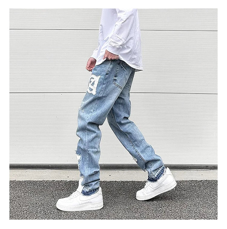 letters patckwork bottom ripped denim jeans men casual straight biker trousers fashion streetwear hip hop jean pants joggers unique joggers style 3736