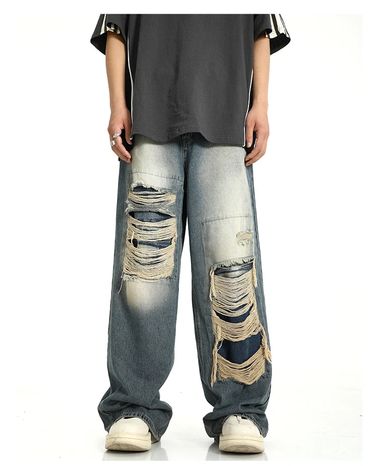 fashion ripped holes denim jeans harajuku patchwork straight jean trousers y2k trouser mens hip hop streetwear baggy jeans pants unique jeans style 4606