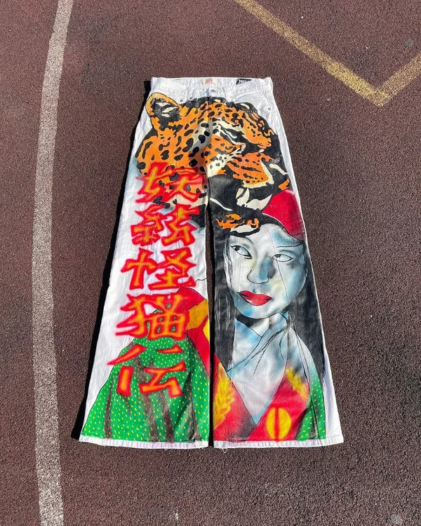 european and american trendy brand anime cartoon print oversized jeans men y2k casual loose high waist washed wide leg pants denim street jeans