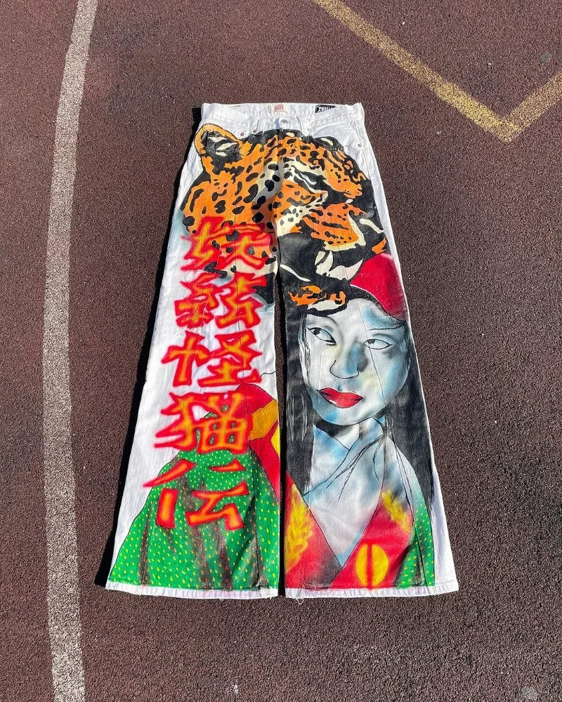 european and american trendy brand anime cartoon print oversized jeans men y2k casual loose high waist washed wide leg pants denim street jeans