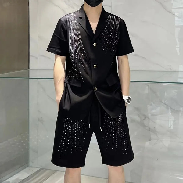 Mens Hot Flower Rhinestone Short-Sleeve Shorts Two-Piece Niche Personality Shiny Elegant British Two-Piece Suit Men'S Clothing