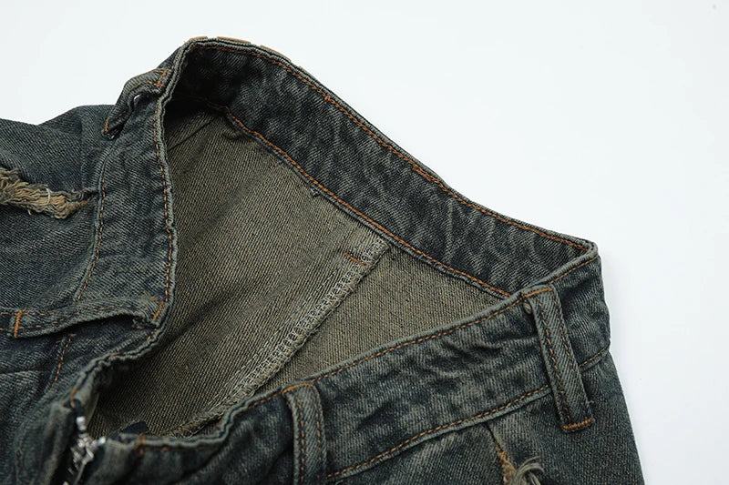 fashion patchwork frayed star denim straight jean pant men casual side pocket y2k trouser unisex hip hop streetwear jeans pants unique jeans style 401