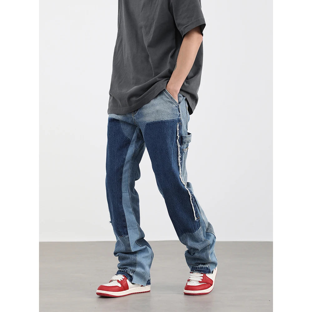 high street fashion contrast straight tube micro flared jean horn pant washing mens tassel vintage patchwork wide denim jeans denim street jeans