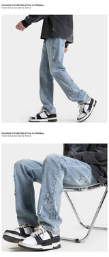 high street slim straight trousers tide vintage washed old colour stars jeans street mens denim trousers 2024 male pants unique jeans style 3331