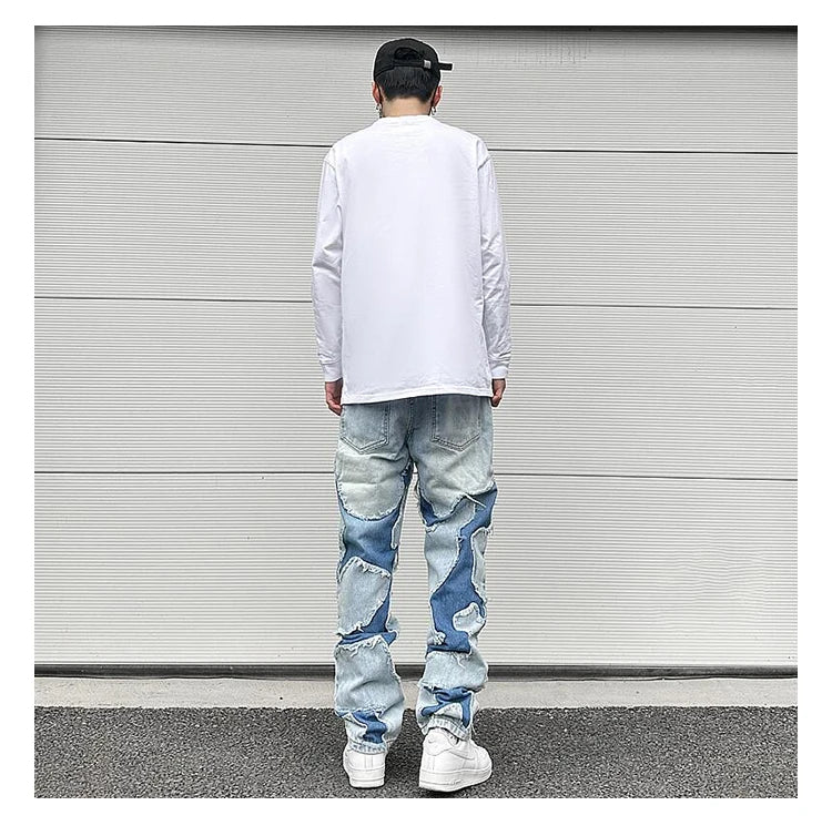 ripped irregular patchwork design denim jeans men casual zipper biker trousers jeans fashion streetwear hip hop pants joggers unique joggers style 3623