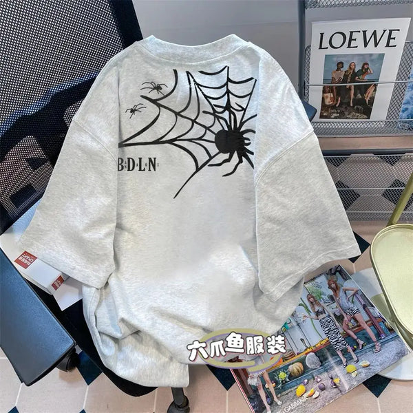Y2k Broken heart – Trendy Street American Spider Web Print Round Neck Short Sle