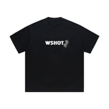 Tee with neon sketch font and anime corner print