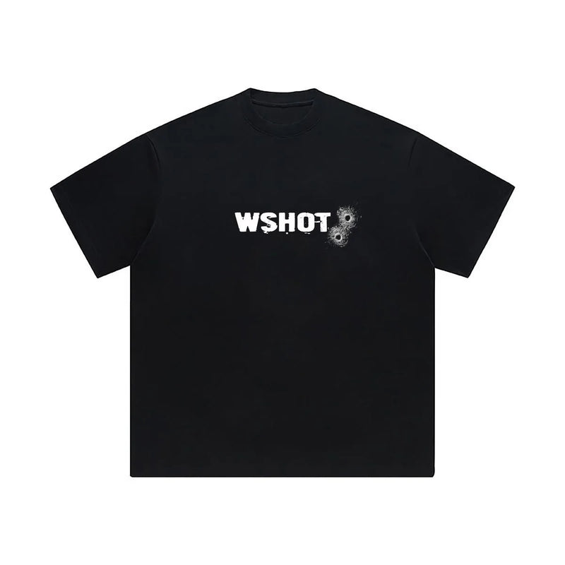 Tee with neon sketch font and anime corner print