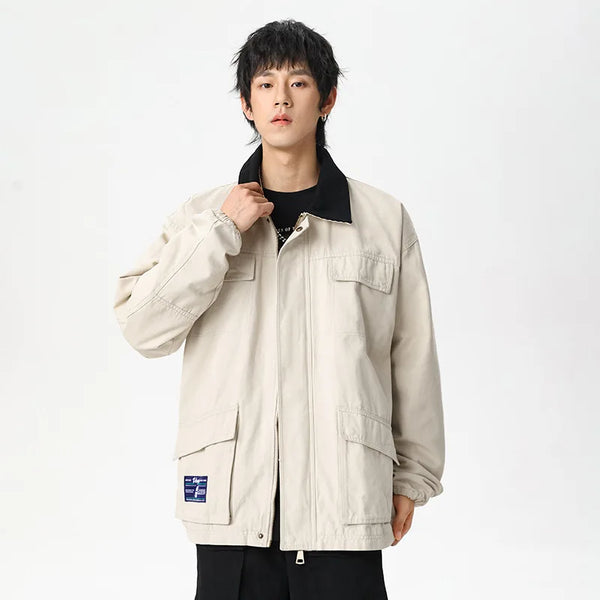 zip-up minimalist jacket, cold-season outfit - comfortable cotton fit with bold prints