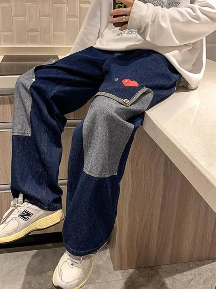 men jeans patchwork multi pocket couple denim pants beggar style cargo pants high street casual male streetwear unique cargo style 2403
