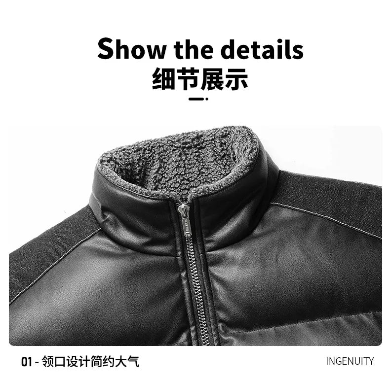 Winter new men's cotton thickened jacket slim stand-up collar splicing PU leather large pocket cotton-padded coat men