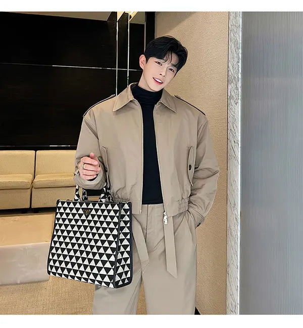 men 2 pieces sets quilted short cargo jacket pant autumn winter korean streetwear casual thicken bomber coat trousers suits unique cargo style 2760
