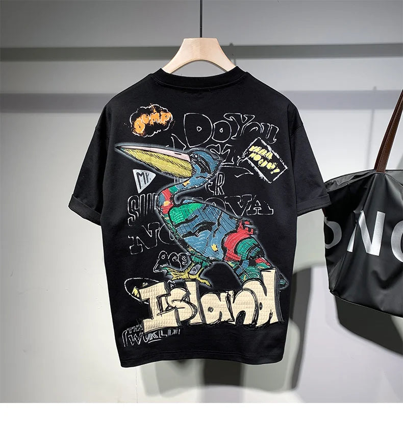 Harajuku Aesthetic piece – Summer Graffiti Short Sleeve T Shirt Mens High Street Loose