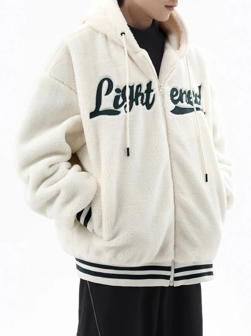 men fleece jackets and coats casual letter embroidery hairy zipper hooded outerwear warm streetwear parkas loose bomber jacke - variant style 233b1c for streetwear fashion