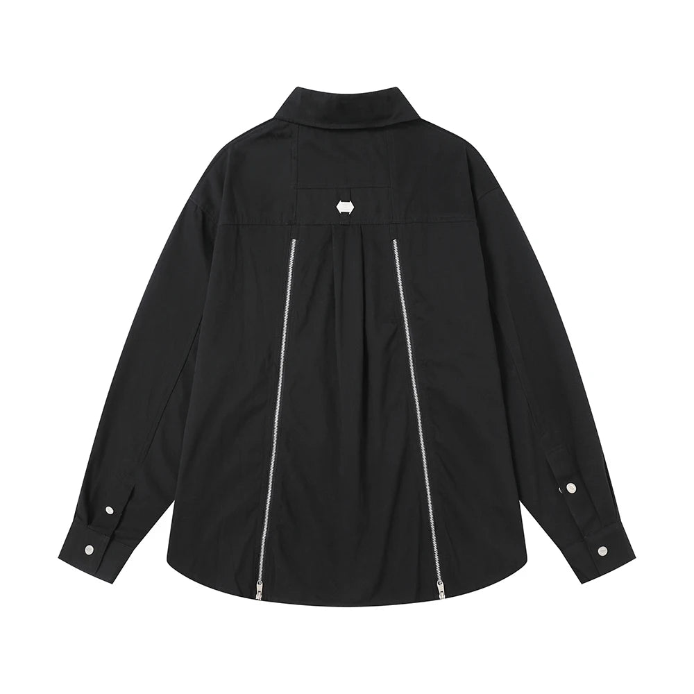 Back Zipper Vibe Style Black Long Sleeve Shirts Jackets for Men Streetwear Y2k Baggy Ropa Hombre Camisas Oversized Loose Coat