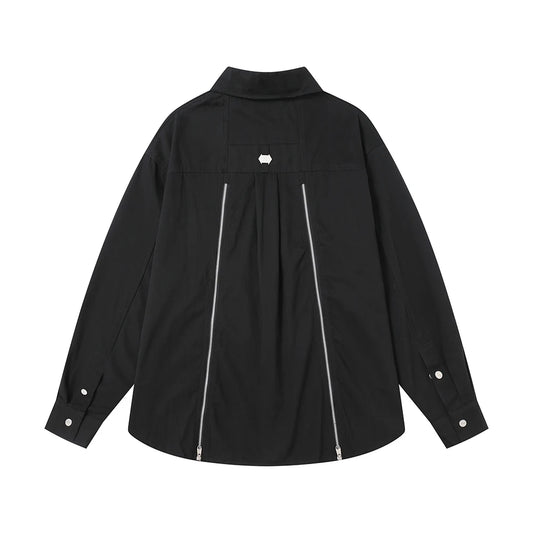 Back Zipper Vibe Style Black Long Sleeve Shirts Jackets for Men Streetwear Y2k Baggy Ropa Hombre Camisas Oversized Loose Coat