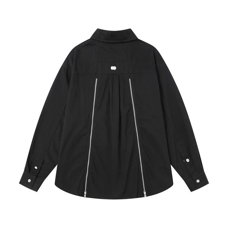 Back Zipper Vibe Style Black Long Sleeve Shirts Jackets for Men Streetwear Y2k Baggy Ropa Hombre Camisas Oversized Loose Coat