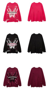 fashion butterfly knitted oversized sweater unisex o neck ripped holes knit pullover streetwear unisex loose sweaters clothing trendy hip hop style outerwear, Y2K vintage urban hoodie, high quality cotton pullover