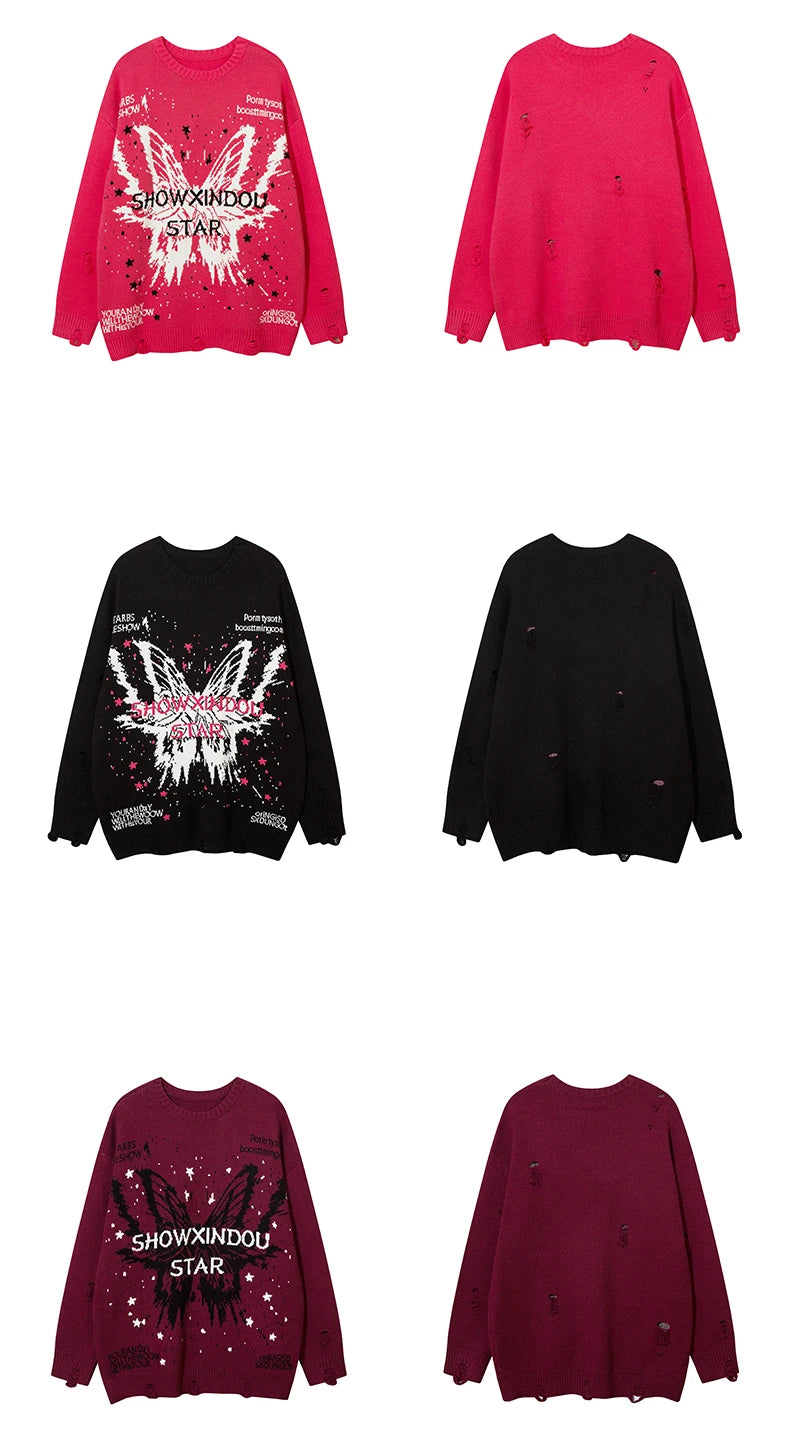 fashion butterfly knitted oversized sweater unisex o neck ripped holes knit pullover streetwear unisex loose sweaters clothing trendy hip hop style outerwear, Y2K vintage urban hoodie, high quality cotton pullover