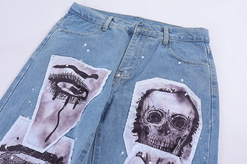 fashion skull graffiti patchwork denim jeans mens zipper jeans hip hop streetwear casual harajuku straight joggers jeans pants unique joggers style 1006