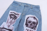 fashion skull graffiti patchwork denim jeans mens zipper jeans hip hop streetwear casual harajuku straight joggers jeans pants unique joggers style 1006