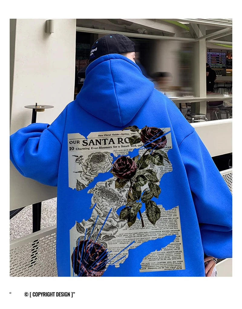 Y2K Vintage Rose Graphic Print Hoodies For Men Goth Fashion Streetwear Clothes Casual Fleece Hip Hop Loose Pullover Sweatshirts