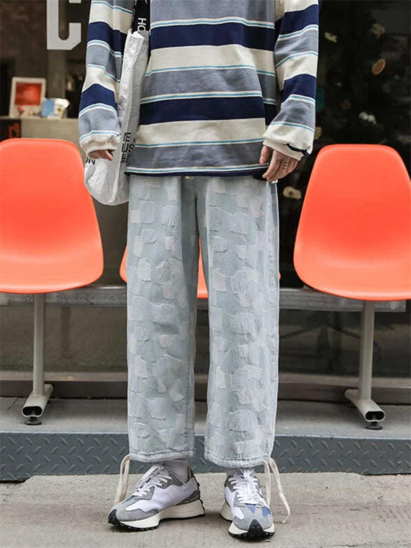 american plaid straight jeans mens casual streetwear printed denim pants autumn baggy classic wide leg retro y2k jean trousers unique jeans style 890