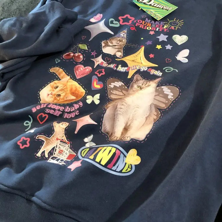 Retro Magic Cats Fun Graffiti Oversized Sweatshirt Women Girls Kawaii Clothes 2022 Autumn Winter Streetwear Long Sleeve Tops