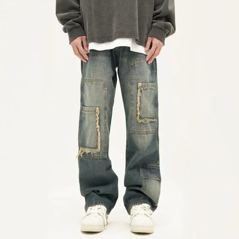 american high street trendy men and women trendy personalized straight tube washed jeans couple loose retro casual pants y2k unique jeans style 26