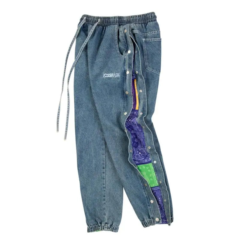 washed distressed denim sweatpant cashew flower patchwork oversized splice buckle jogging jeans casual button baggy men clothing unique joggers style 4338