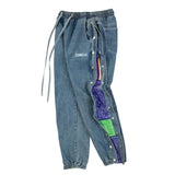 washed distressed denim sweatpant cashew flower patchwork oversized splice buckle jogging jeans casual button baggy men clothing unique joggers style 4338
