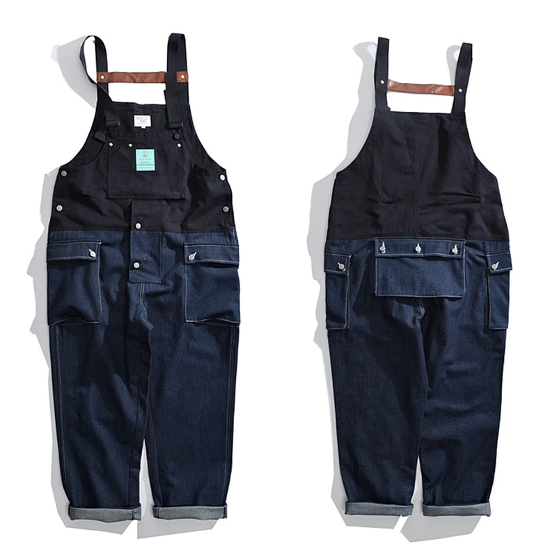 2023 summer cargo overalls pants men patchwork denim jumpsuits loose work pants solid color casual streetwear cargo trousers unique cargo style 4510