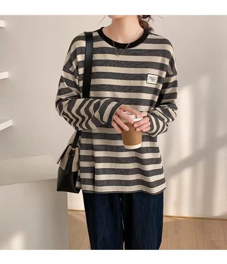Y2k Vintage print – Design Niche Slit Striped Bottoming Shirt Women Autumn And W